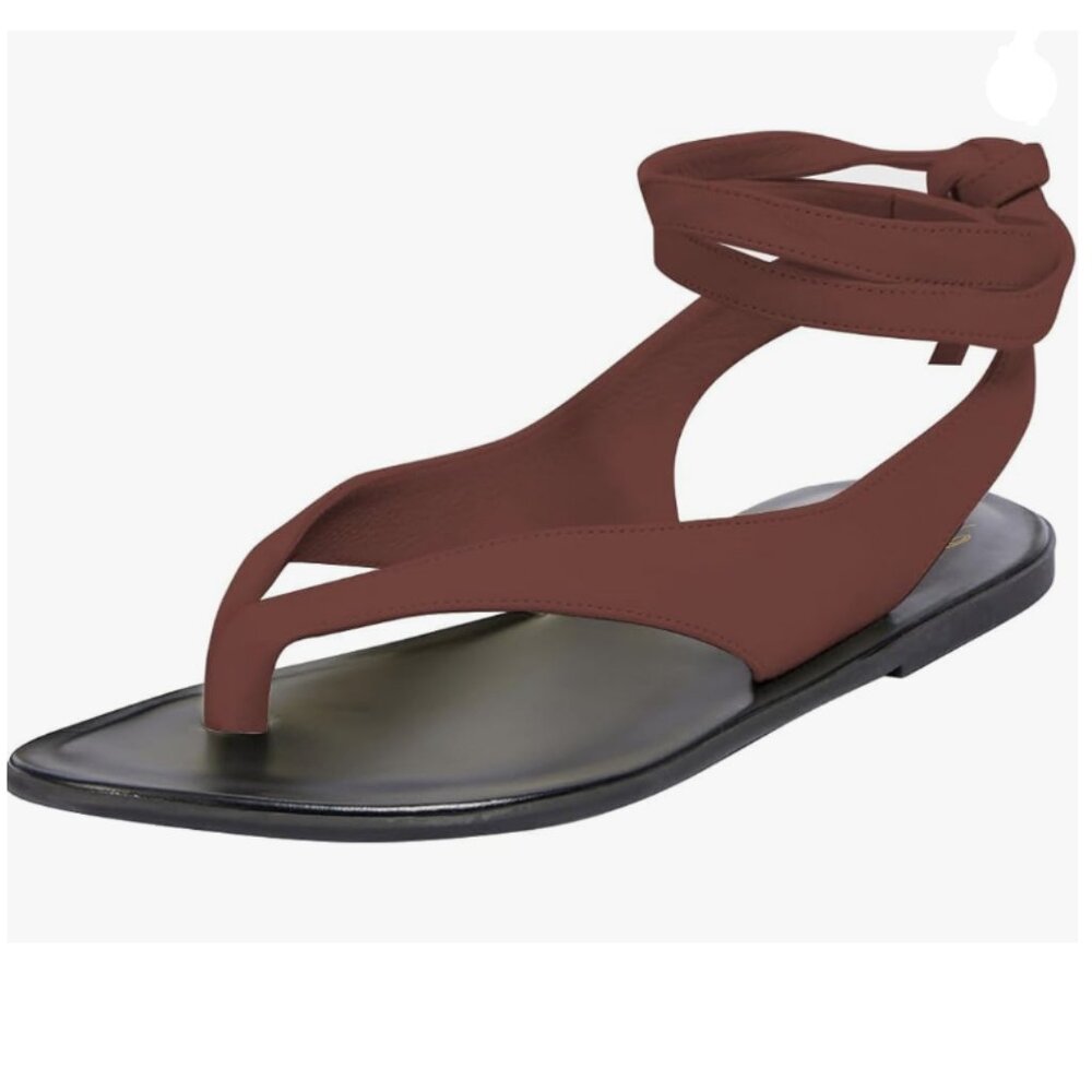 FOWT Wine Red Split Round Toe Sandals Lace up Strappy Soft Flip Flop Shoes